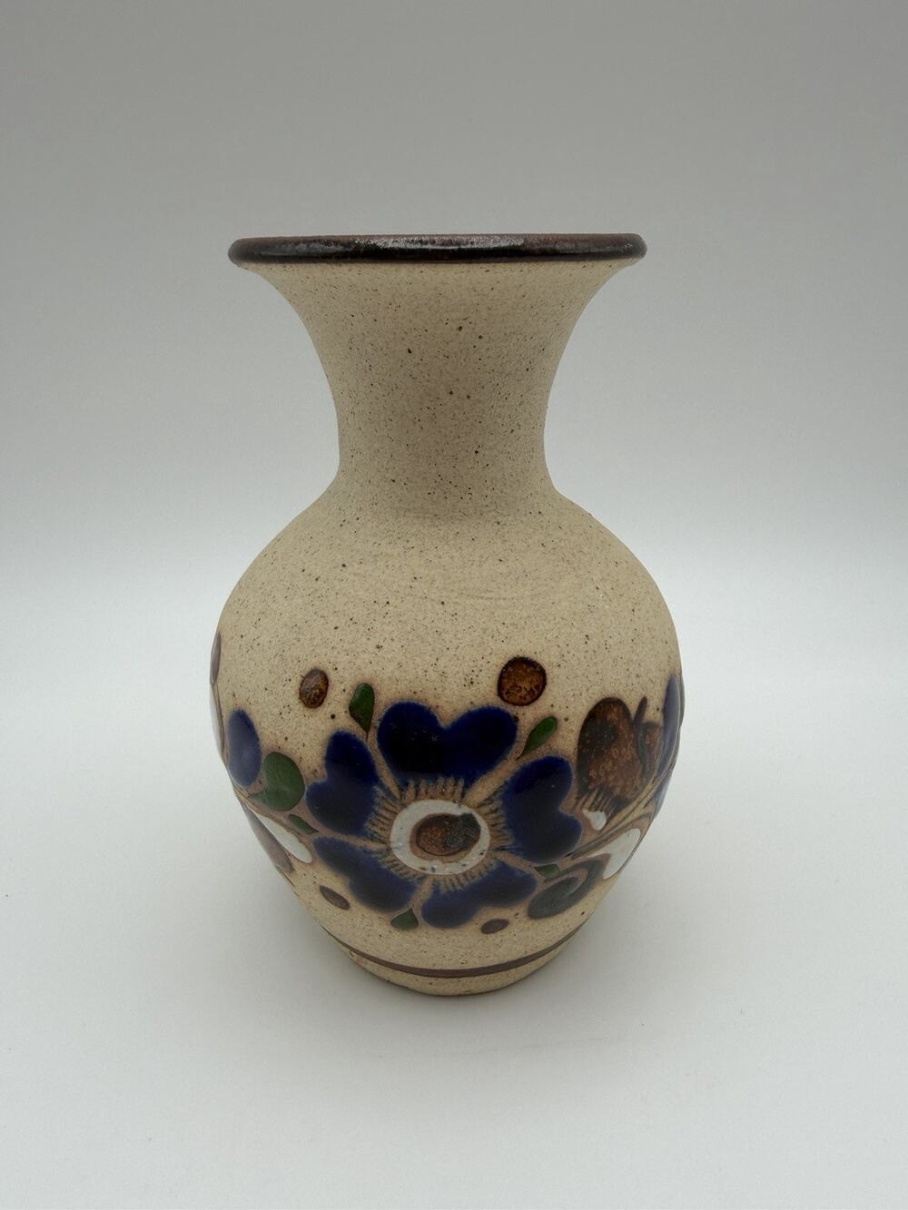 Mexican Tonala Pottery Vase Sandstone Base Cobalt Blue Flowers Folk Art